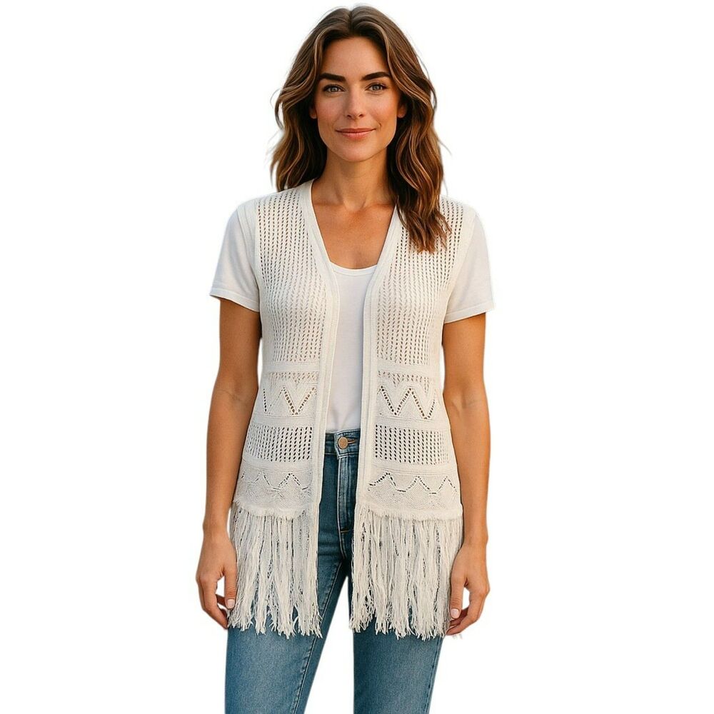 Sybilla Macrame Crochet Open Front Fringed Cardigan Ivory Women's Size S #16